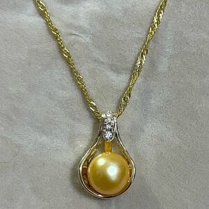 14K Gold Plated Natural Gold South Sea Pearl Pendant Necklace 22”